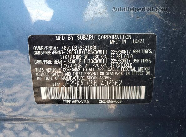 JF2SKAEC8NH402662 2022 SUBARU FORESTER Blue Widok naklejki z numerem VIN