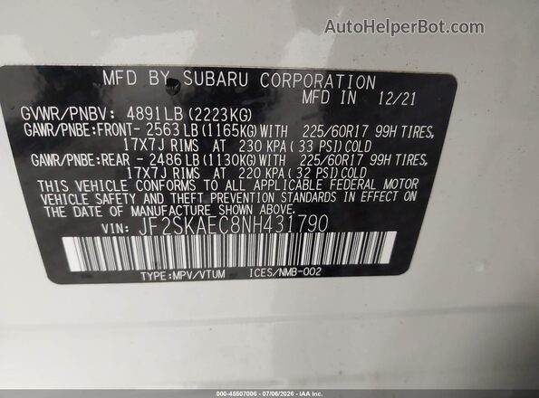JF2SKAEC8NH431790 2022 SUBARU FORESTER Белый Вид подкапотного пространства