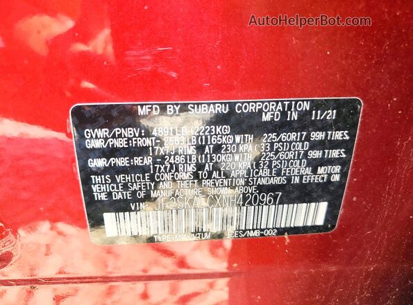 JF2SKAECXNH420967 2022 SUBARU FORESTER Red Vista de la etiqueta del VIN