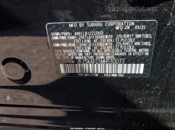 JF2SKAFC5MH530077 2021 SUBARU FORESTER Black Engine compartment view