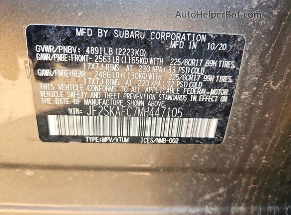 JF2SKAFC7MH447105 2021 SUBARU FORESTER Серебряный Панорамный вид салона 360°