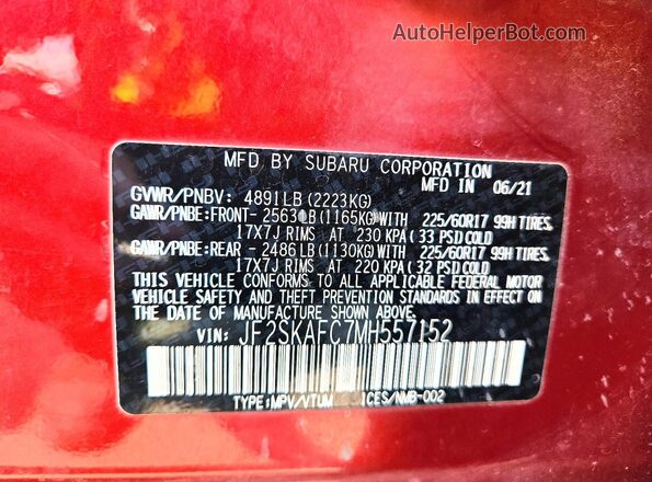 JF2SKAFC7MH557152 2021 SUBARU FORESTER Burgundy Widok naklejki z numerem VIN