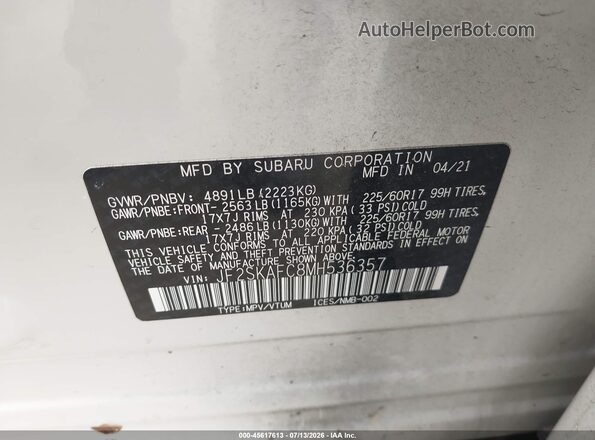 JF2SKAFC8MH536357 2021 SUBARU FORESTER White Vista del compartimento del motor