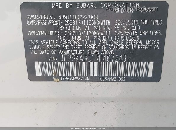 JF2SKAGC1RH467243 2024 SUBARU FORESTER White ძრავის განყოფილების ხედი
