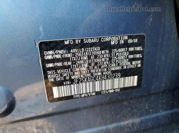 JF2SKAGC4KH430239 2019 SUBARU FORESTER Blue Vista de la etiqueta del VIN