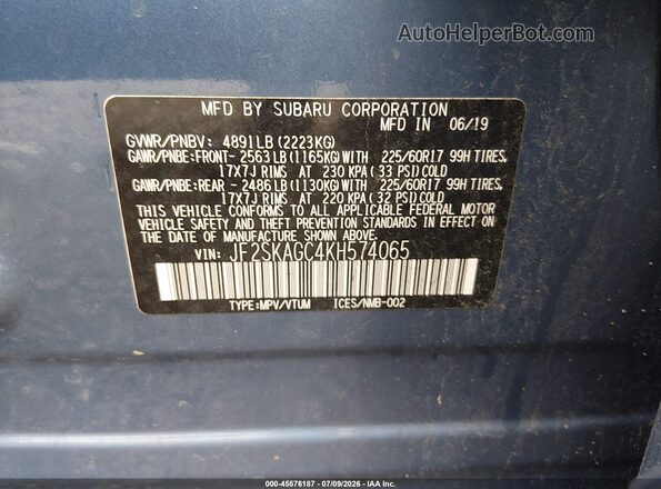 JF2SKAGC4KH574065 2019 SUBARU FORESTER Blue Engine compartment view