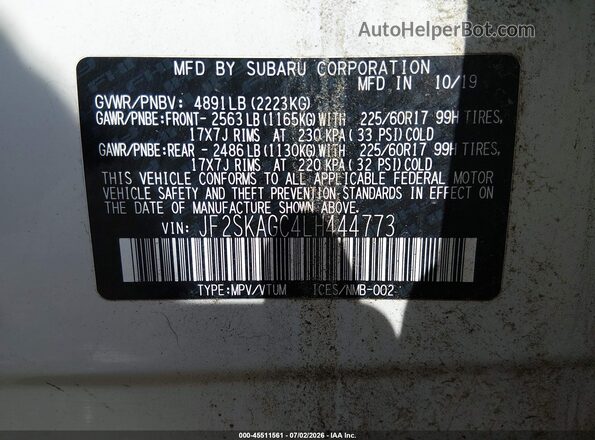 JF2SKAGC4LH444773 2020 SUBARU FORESTER Белый Вид подкапотного пространства