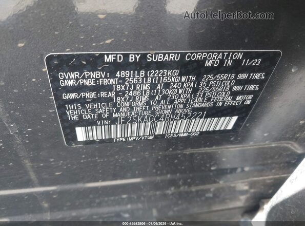 JF2SKAGC4RH452221 2024 SUBARU FORESTER Gray Շարժիչի բաժամունքի տեսք