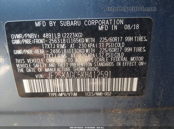 JF2SKAGC5KH412591 2019 SUBARU FORESTER Синий Вид подкапотного пространства