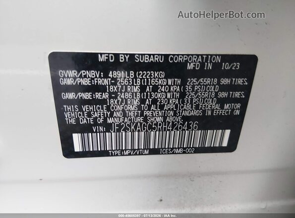JF2SKAGC5RH426436 2024 SUBARU FORESTER White Engine compartment view