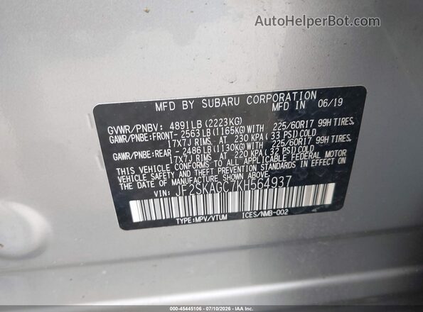 JF2SKAGC7KH564937 2019 SUBARU FORESTER Silver Engine compartment view