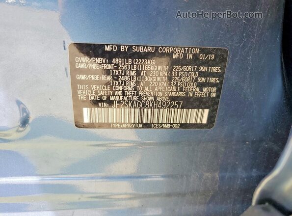 JF2SKAGC8KH492257 2019 SUBARU FORESTER Blue Vista de la etiqueta del VIN