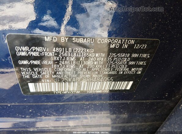 JF2SKAGC8RH484055 2024 SUBARU FORESTER Blue ძრავის განყოფილების ხედი