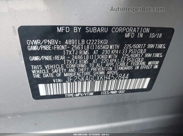 JF2SKAGCXKH452844 2019 SUBARU FORESTER Silver Вид підкапотного простору