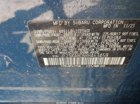 JF2SKAHC6RH463459 2024 SUBARU FORESTER Blue Vista del compartimento del motor