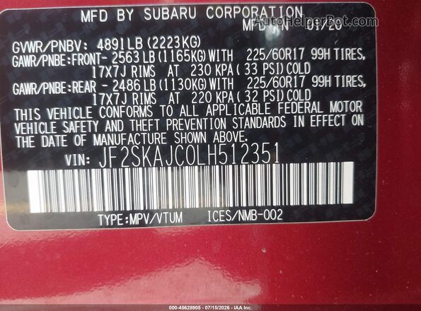 JF2SKAJC0LH512351 2020 SUBARU FORESTER Maroon Widok komory silnika