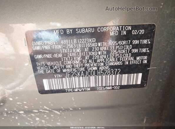 JF2SKAJC0LH528372 2020 SUBARU FORESTER Green Вид підкапотного простору