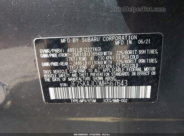 JF2SKAJC0MH567643 2021 SUBARU FORESTER Gray Շարժիչի բաժամունքի տեսք