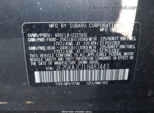 JF2SKAJC1LH483443 2020 SUBARU FORESTER Gray Engine compartment view