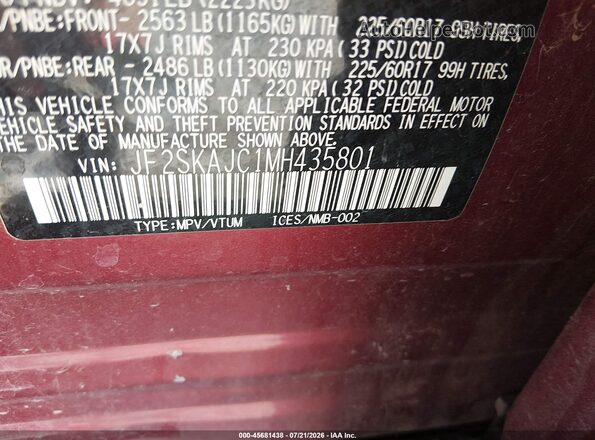 JF2SKAJC1MH435801 2021 SUBARU FORESTER Red Вид підкапотного простору