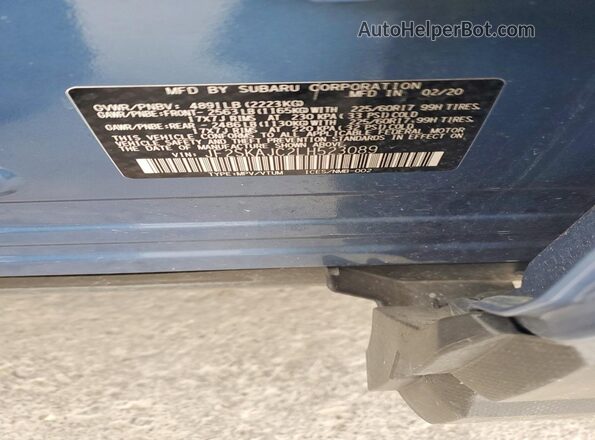 JF2SKAJC2LH523089 2020 SUBARU FORESTER Синий Вид наклейки с VIN-кодом