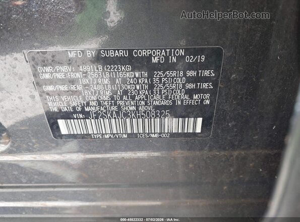JF2SKAJC3KH508325 2019 SUBARU FORESTER Gray Շարժիչի բաժամունքի տեսք