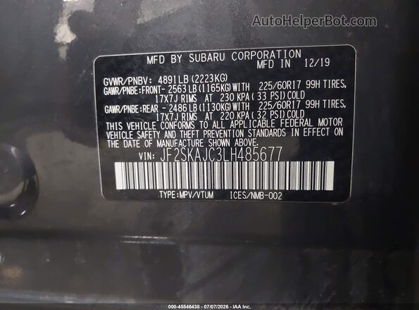 JF2SKAJC3LH485677 2020 SUBARU FORESTER Gray ძრავის განყოფილების ხედი