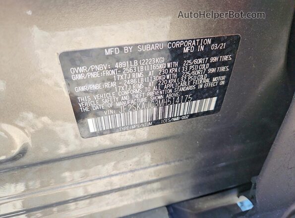JF2SKAJC3MH514175 2021 SUBARU FORESTER Gray VIN sticker view