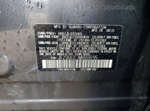 JF2SKAJC3MH559195 2021 SUBARU FORESTER Charcoal Vista interior de 360 grados