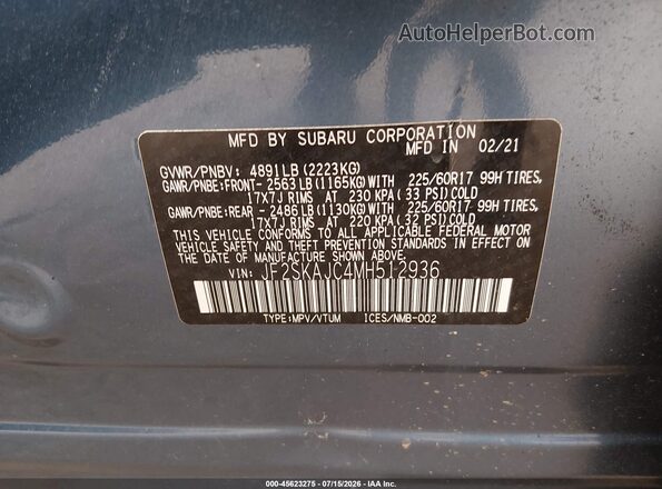 JF2SKAJC4MH512936 2021 SUBARU FORESTER Blue Vista del compartimento del motor