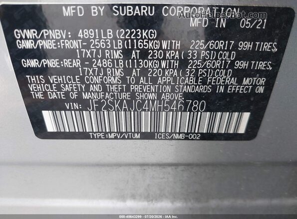 JF2SKAJC4MH546780 2021 SUBARU FORESTER Серый Вид подкапотного пространства