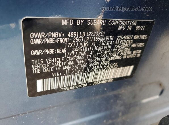 JF2SKAJC4MH554605 2021 SUBARU FORESTER Blue VIN sticker view