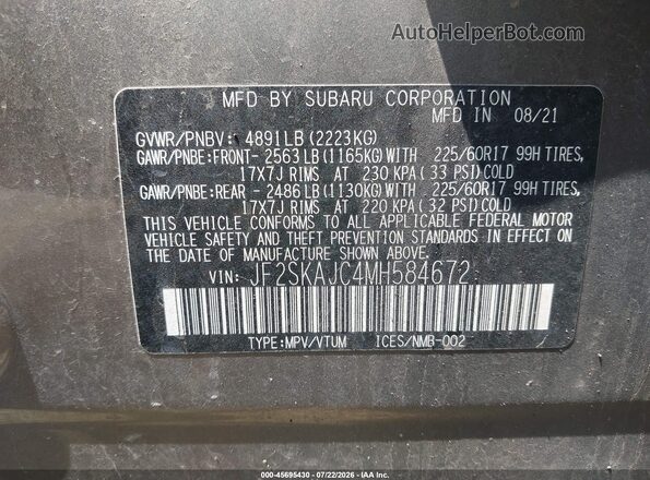 JF2SKAJC4MH584672 2021 SUBARU FORESTER Tan Շարժիչի բաժամունքի տեսք