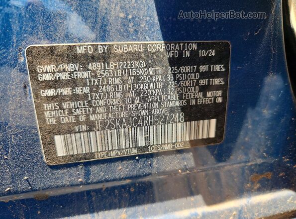 JF2SKAJC4RH527248 2024 SUBARU FORESTER Blue Vista de la etiqueta del VIN