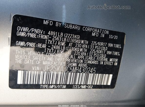 JF2SKAJC5MH430245 2021 SUBARU FORESTER Серебряный Вид подкапотного пространства