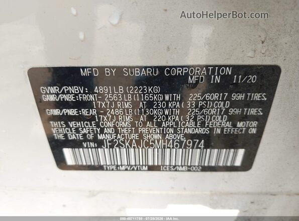 JF2SKAJC5MH467974 2021 SUBARU FORESTER White ძრავის განყოფილების ხედი