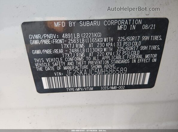 JF2SKAJC5MH586589 2021 SUBARU FORESTER White Vista del compartimento del motor