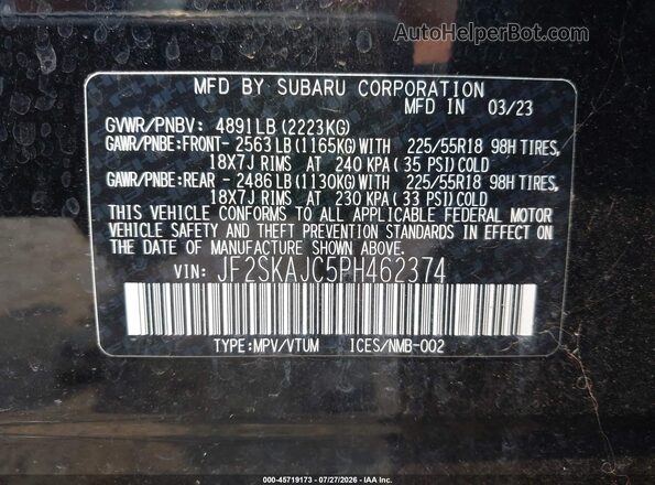 JF2SKAJC5PH462374 2023 SUBARU FORESTER Black Vista del compartimento del motor