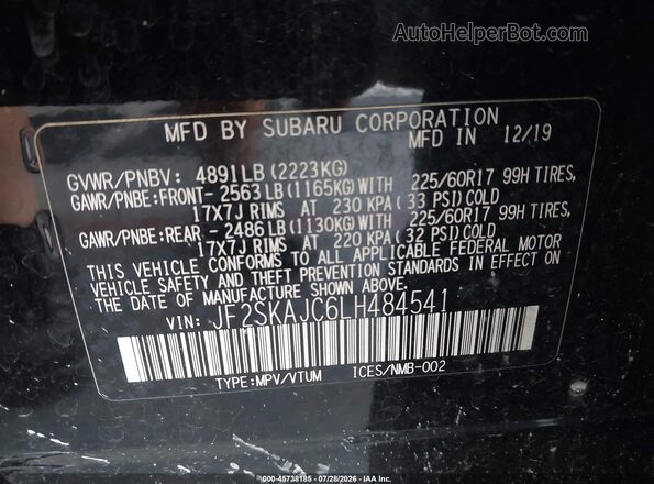 JF2SKAJC6LH484541 2020 SUBARU FORESTER Черный Вид подкапотного пространства