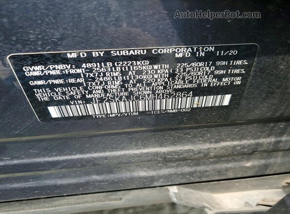 JF2SKAJC6MH462864 2021 SUBARU FORESTER Charcoal Vista de la etiqueta del VIN