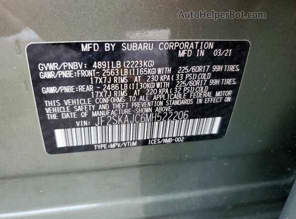 JF2SKAJC6MH522206 2021 SUBARU FORESTER Green VIN sticker view