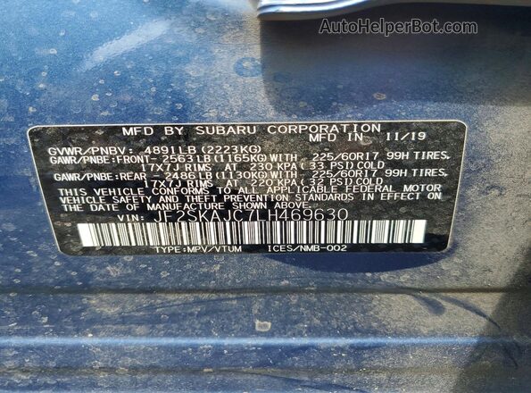 JF2SKAJC7LH469630 2020 SUBARU FORESTER Blue VIN sticker view