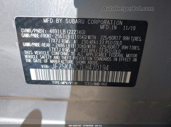 JF2SKAJC7LH470194 2020 SUBARU FORESTER Silver ძრავის განყოფილების ხედი