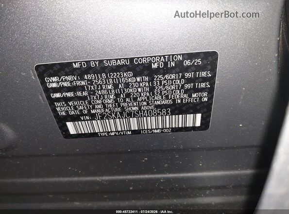 JF2SKAJC7SH408583 2025 SUBARU FORESTER Silver Շարժիչի բաժամունքի տեսք