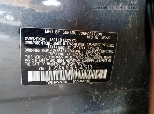 JF2SKAJC8LH548613 2020 SUBARU FORESTER Gray Շարժիչի բաժամունքի տեսք