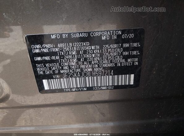 JF2SKAJC8LH597214 2020 SUBARU FORESTER Brown Widok komory silnika