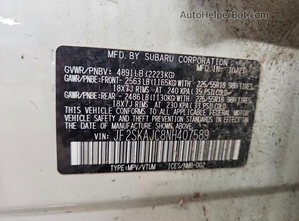 JF2SKAJC8NH407589 2022 SUBARU FORESTER White Widok naklejki z numerem VIN