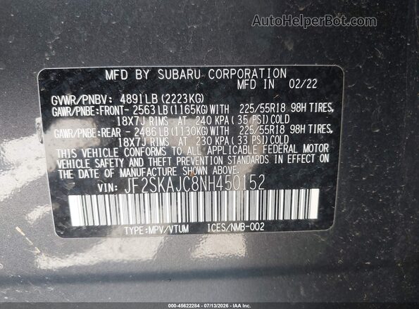 JF2SKAJC8NH450152 2022 SUBARU FORESTER Gray Widok komory silnika
