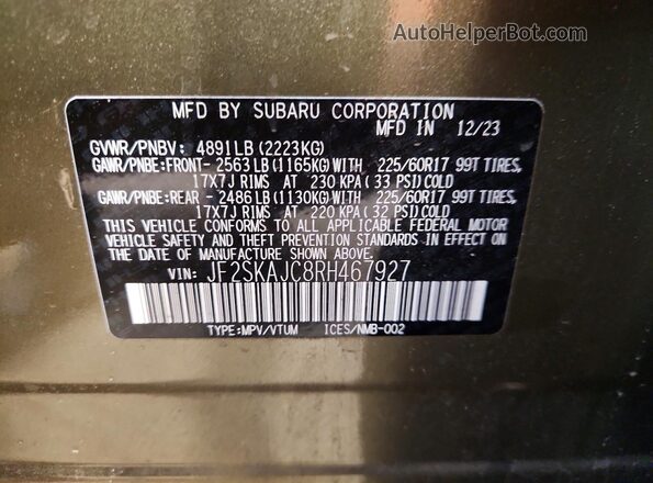 JF2SKAJC8RH467927 2024 SUBARU FORESTER Green VIN კოდის სტიკერის ხედი