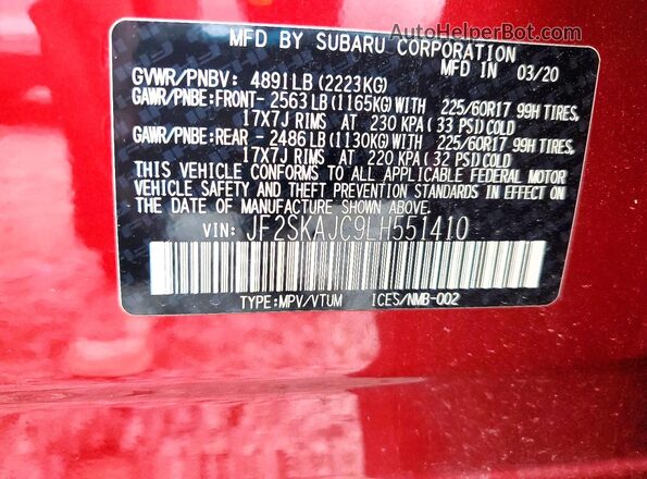 JF2SKAJC9LH551410 2020 SUBARU FORESTER Бордовый Вид наклейки с VIN-кодом